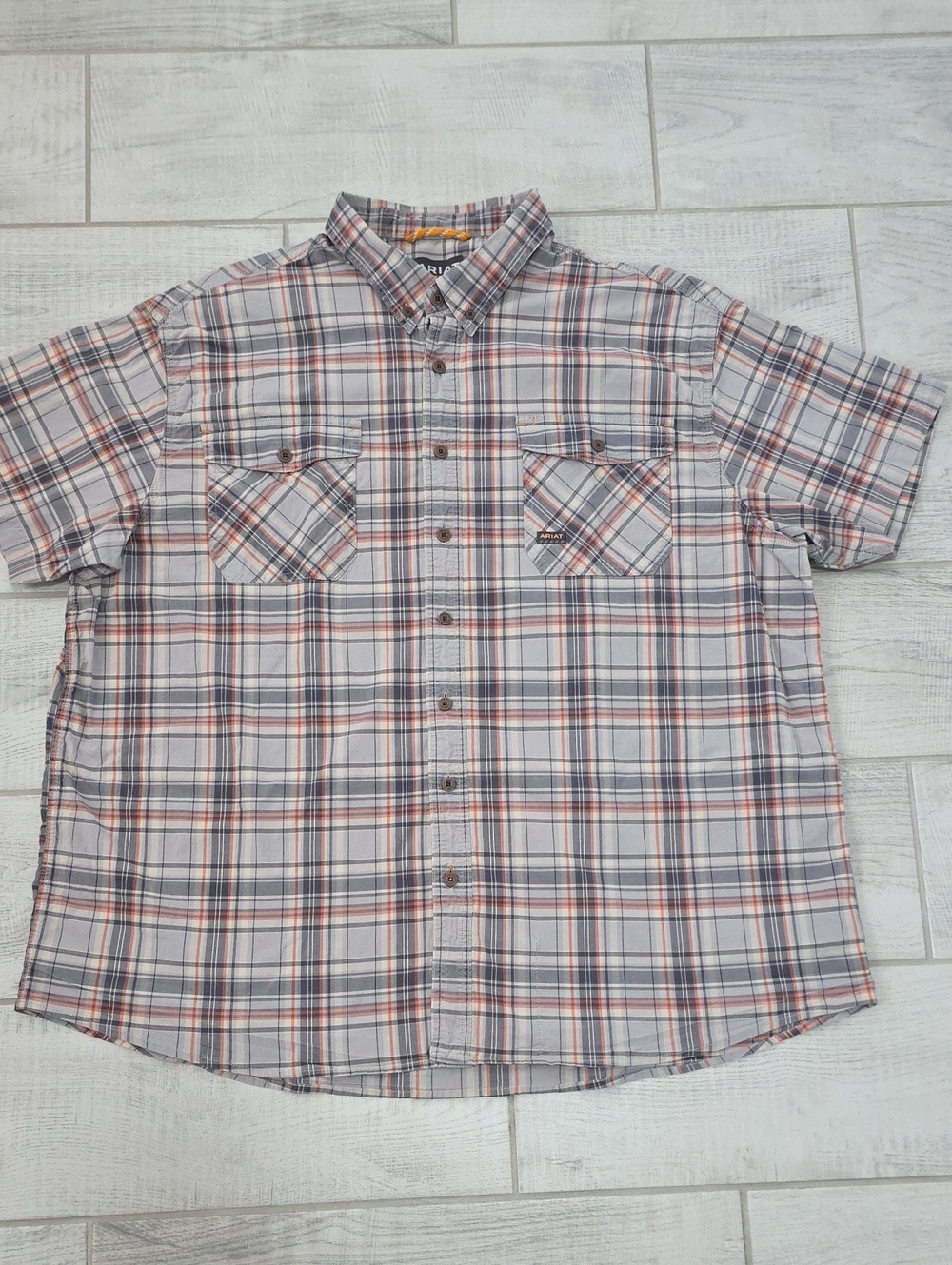 Ariat Rebar Grey/Orange Plaid Men's Size 3XL Short Sleeve Button Up Workwear